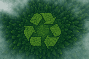 Textured green recycling logo centred in the middle of a green forest