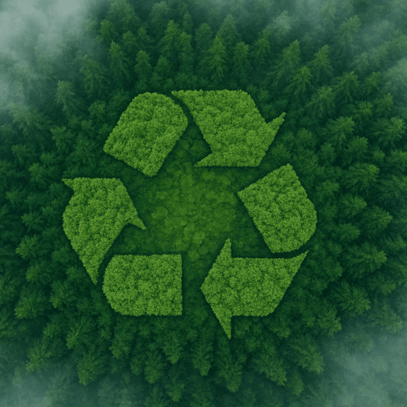 Textured green recycling logo centred in the middle of a green forest