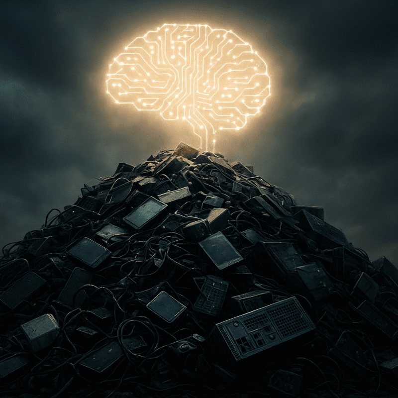 Mountain of artificial intelligence (AI) generated waste meeting the clouds