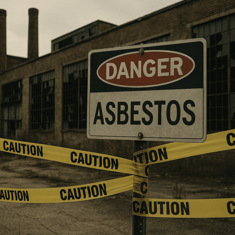 Old industrial building with Danger: Asbestos sign and caution tape