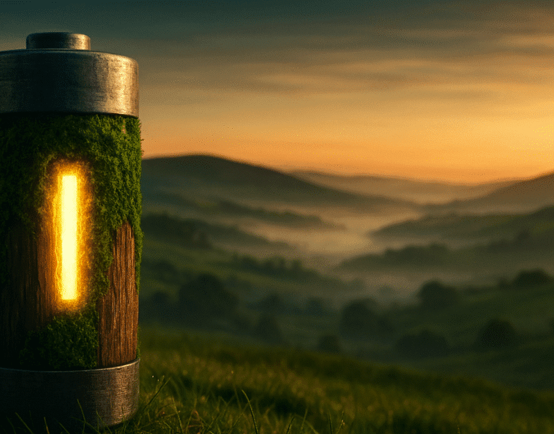 An image of a battery made of brushed metal, moss and wood representing clean energy on a background of the Irish countryside