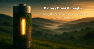 Image of a battery made of brushed metal, moss and wood symbolising sustainable batteries set against a backdrop of the Irish countryside overlaid with the text 'Battery Breakthroughs: Solving the Sustainability Problem in Energy Storage'
