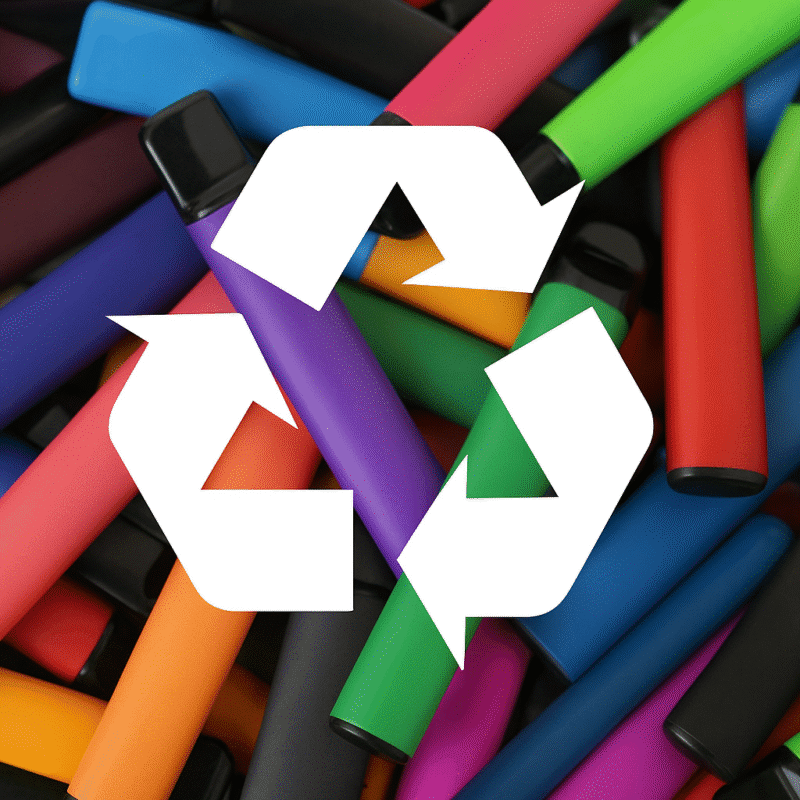 Collection of disposable vapes in multiple colours with transparent recycling logo, symbolising sustainable vape disposal.