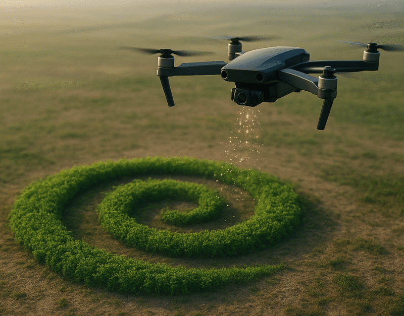 Image of drone rewilding in action, a drone planting seeds on barren land.