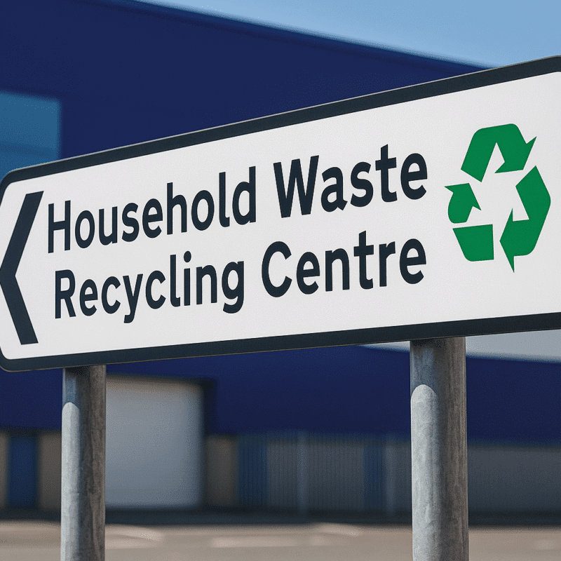 Image displaying a road sign for a household waste recycling centre with an industrial estate in the background