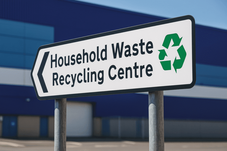 Image displaying a road sign for a household waste recycling centre with an industrial estate in the background