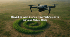 Drone Rewilding in Action: Image of a drone planting seeds over barren land.
