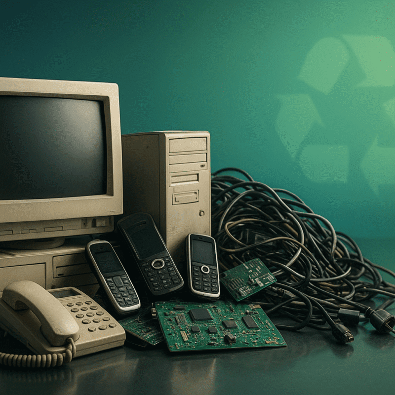 Old WEEE waste, laptops, phones, wiring and circuit boards piled up