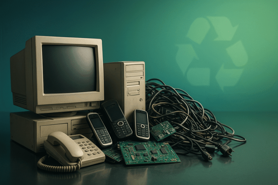 Old WEEE waste, laptops, phones, wiring and circuit boards piled up