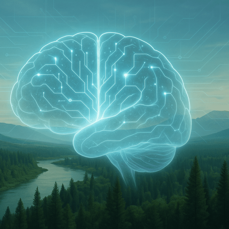 Glowing blue brain set against a backdrop of Ireland's countryside