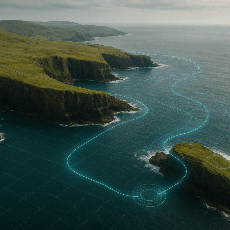 An image of Ireland's coastline with digital lines visible underwater symbolising algae power