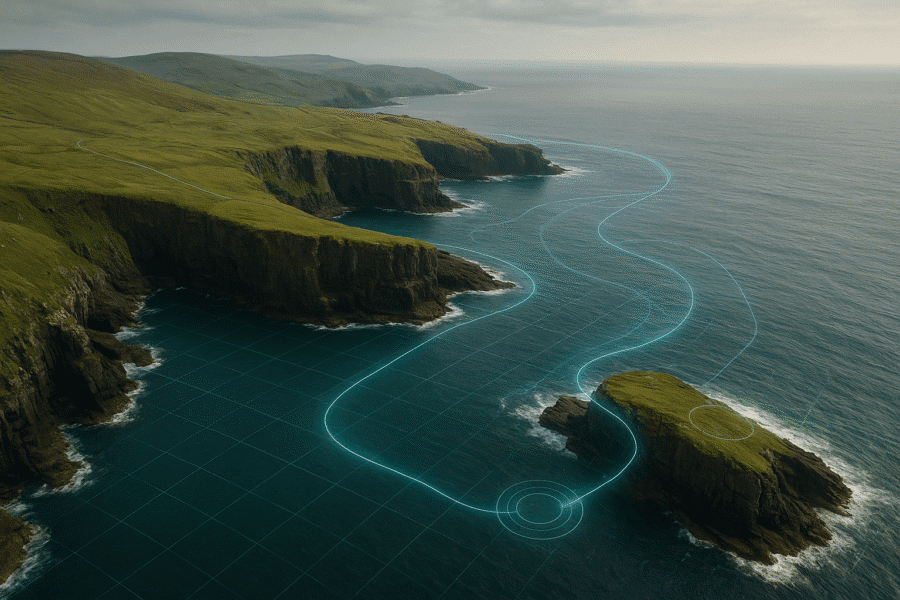 An image of Ireland's coastline with digital lines visible underwater symbolising algae power