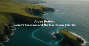 Image depicting Ireland's coastline with digital lines appearing underwater symbolising algae power, title text overlaid in white 'algae power: Ireland's coastlines and the Blue-Energy potential'.