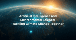 : Digital illustration of a glowing Earth with AI circuits, representing Artificial Intelligence helping the environment and fighting climate change.