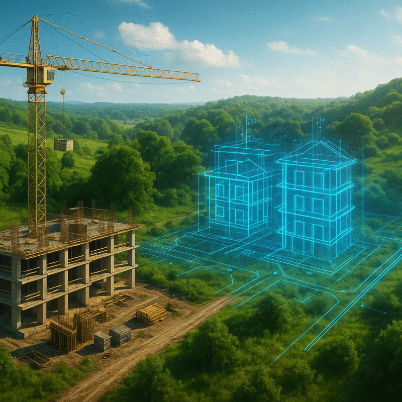 An image depicting a futuristic blueprint of a construction site