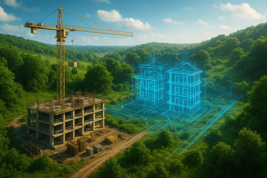An image depicting a futuristic blueprint of a construction site