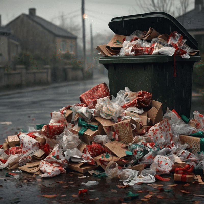 Overloaded recycling bin with christmas waste spilling onto the street