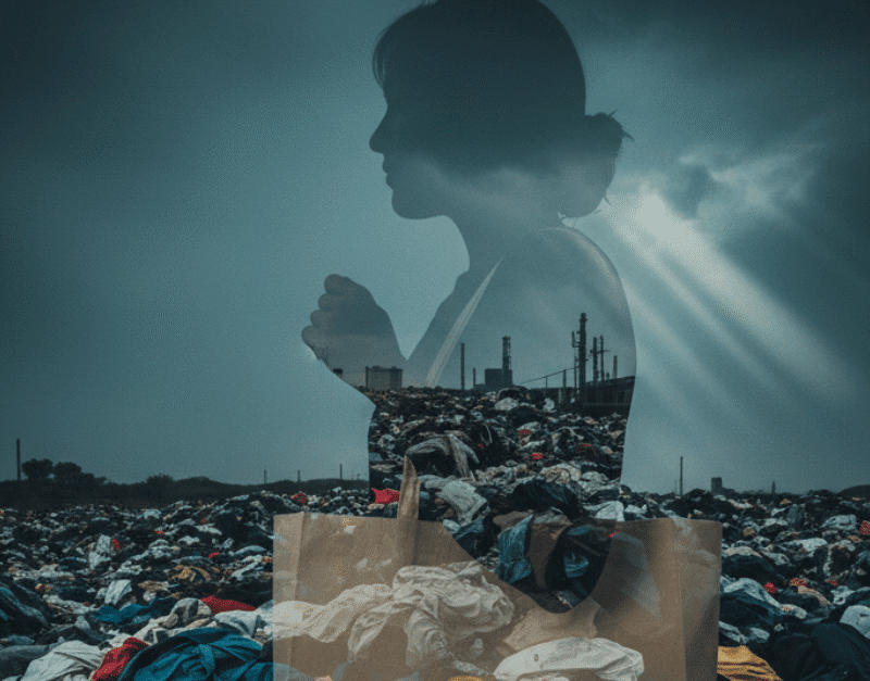 Landfill of textile waste with a woman carrying a shopping bag filled with fast fashion