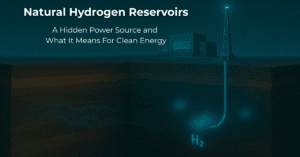 Cross-section illustration of underground natural hydrogen formation beneath the earthâ€™s crust being tapped via boreholes for clean energy