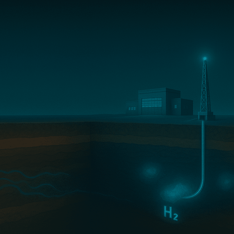 Cross-section illustration of underground natural hydrogen formation beneath the earthâ€™s crust being tapped via boreholes for clean energy