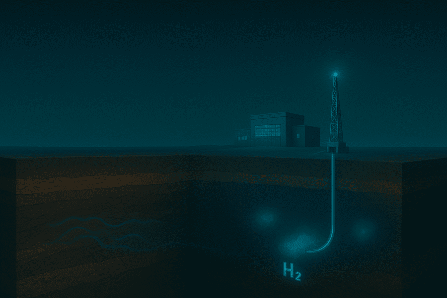 Cross-section illustration of underground natural hydrogen formation beneath the earthâ€™s crust being tapped via boreholes for clean energy