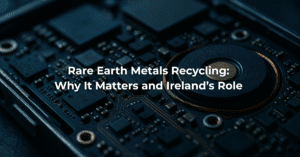Close up image of rare earth metals involved in mobile phone manufacturing, overlaid with the text â€˜rare earth metals recycling: why it matters and Irelandâ€™s roleâ€™