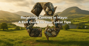 Recycling logo made up of waste laid against a background of County Mayo, Ireland countryside. Overlaid with text 'recycling centres in Mayo: A Full Guide to Your Local Tips'