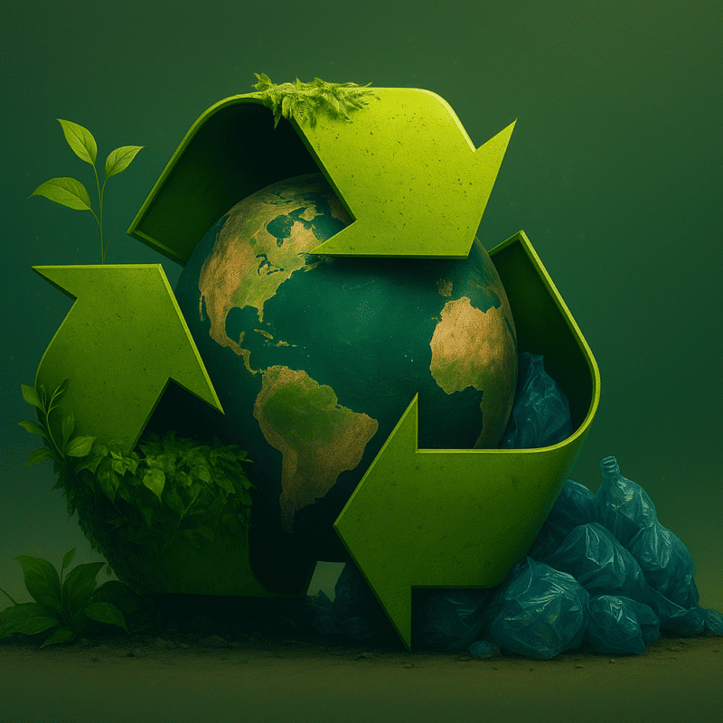 Digital illustration of the earth surrounded by plastic waste and greenery with a recycling logo surrounding the globe