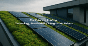 Image of a bio-solar roof, blending nature with solar technology with the title 'The Future of Roofing: Technology, Sustainability & Regulation Drivers'.