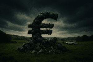 Household waste piled up in the shape of a euro