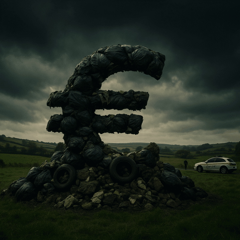 Household waste piled up in the shape of a euro