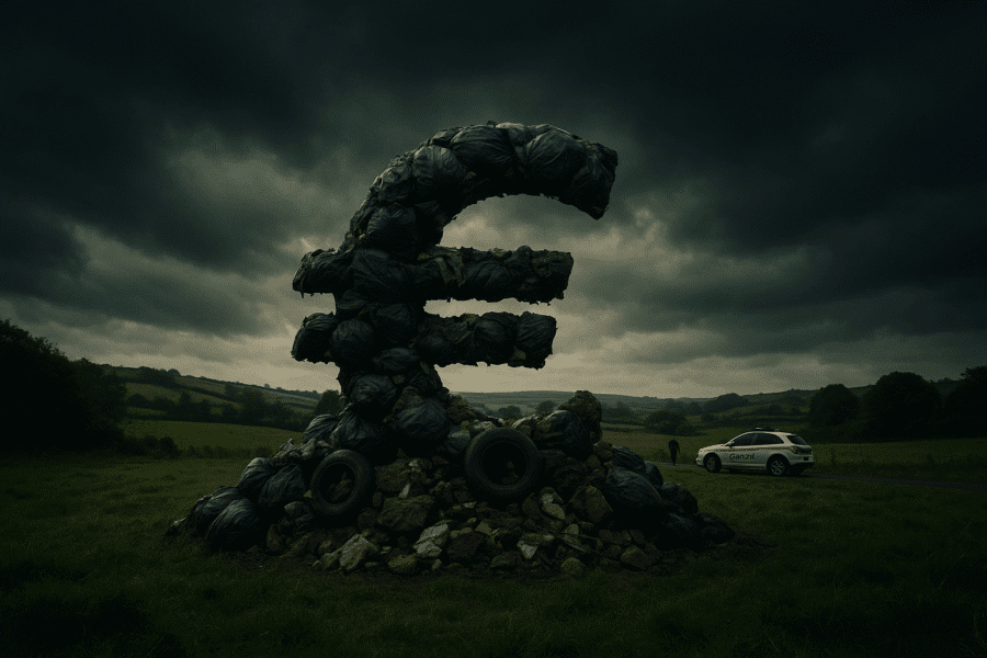 Image of waste piled up in the shape of euro representing how waste crime pays