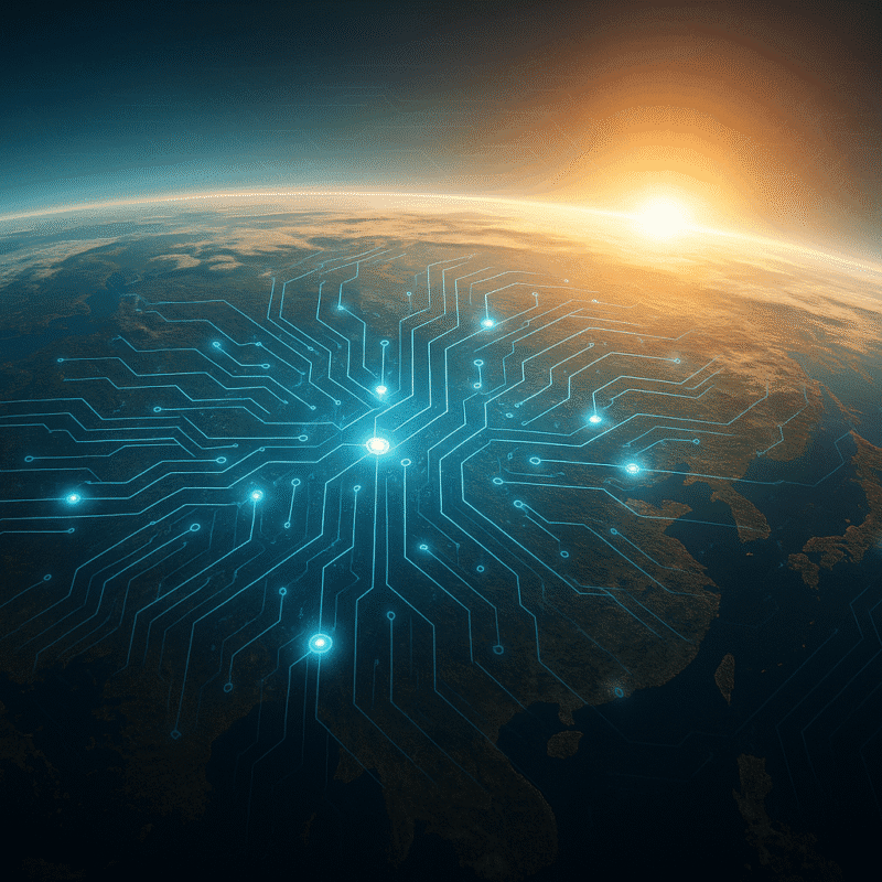: Digital illustration of a glowing Earth with AI circuits, representing Artificial Intelligence helping the environment and fighting climate change.