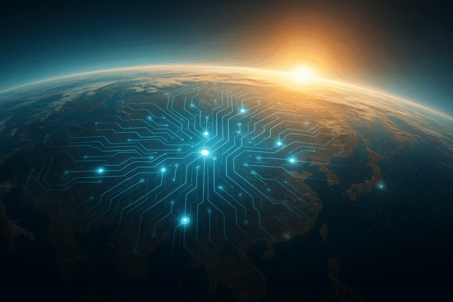 : Digital illustration of a glowing Earth with AI circuits, representing Artificial Intelligence helping the environment and fighting climate change.