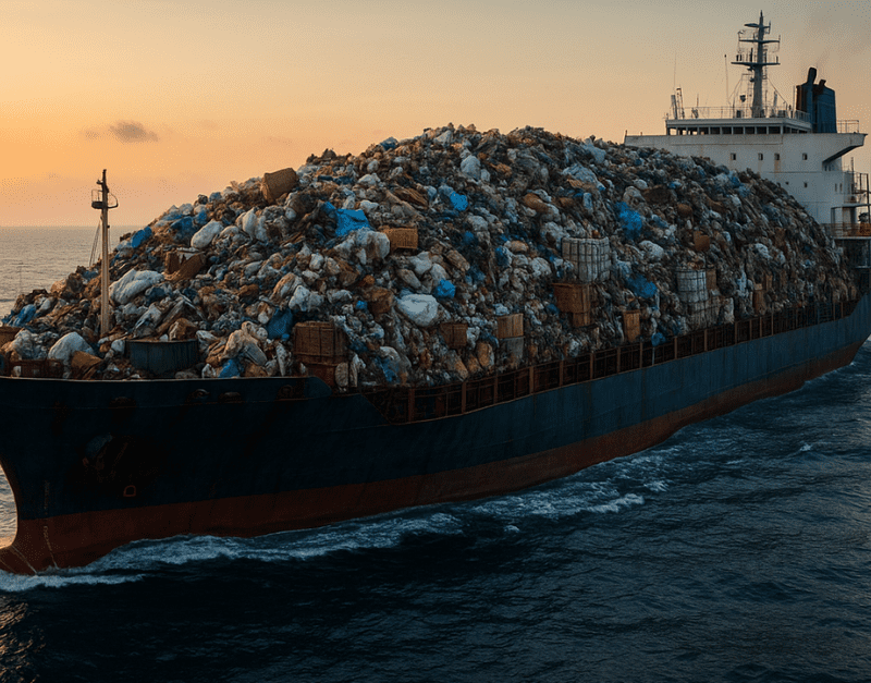 Cargo ship filled with Ireland's waste exports travelling across the Atlantic.