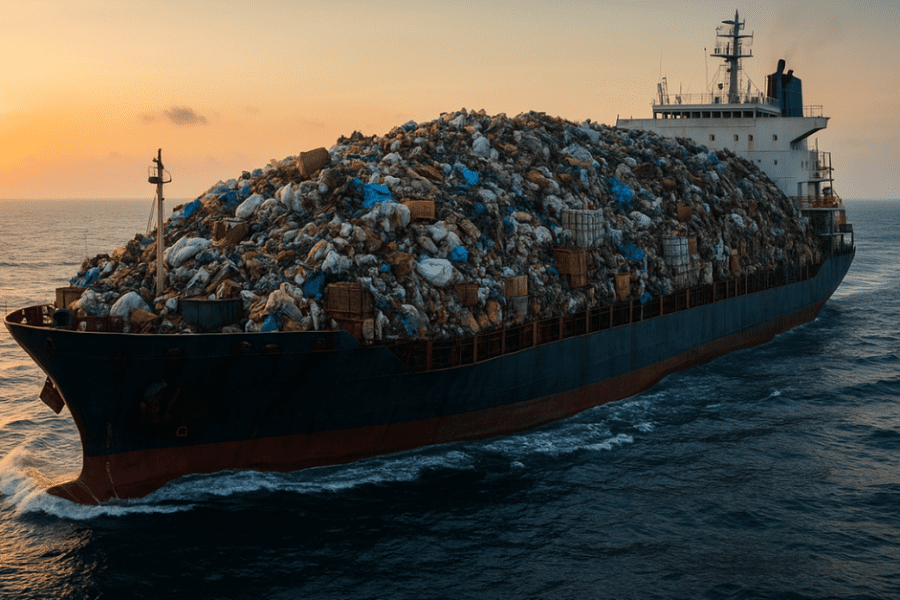 Cargo ship filled with Ireland's waste exports travelling across the Atlantic.