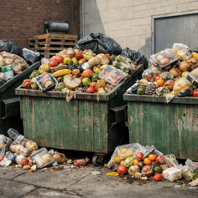 Supermarket commercial bins overflowing with food waste