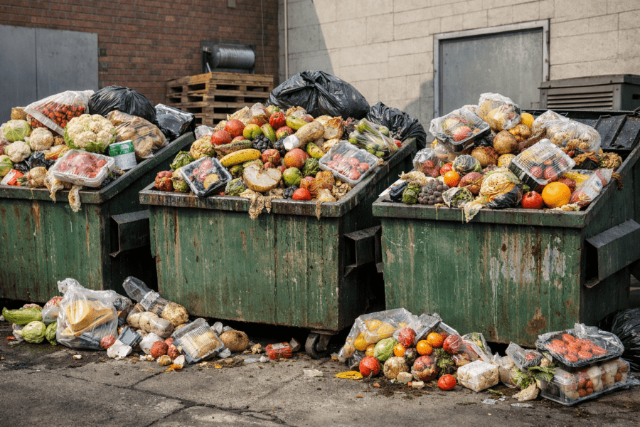 Supermarket commercial bins overflowing with food waste