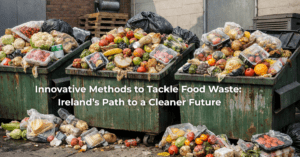 Supermarket commercial bins overflowing with food waste overlaid with article title 'Innovative Methods to Tackle Food Waste: Ireland's Path to a Cleaner Future'