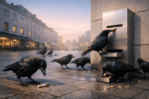 Image depicting crows exchanging cigarette buts for food in Corvid Cleaning's novel wildlife waste solution