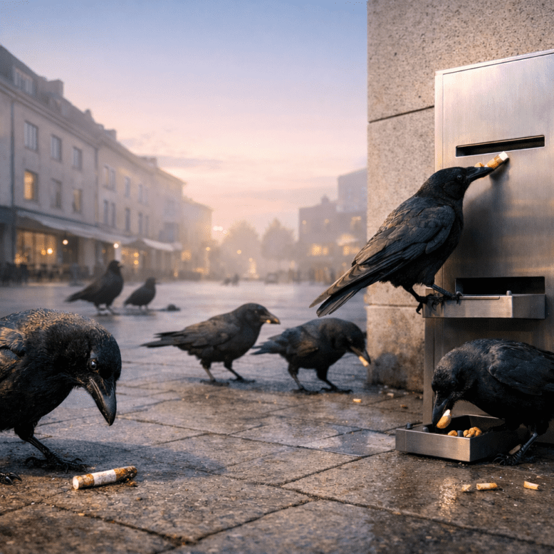 Image depicting crows exchanging cigarette buts for food in Corvid Cleaning's novel wildlife waste solution