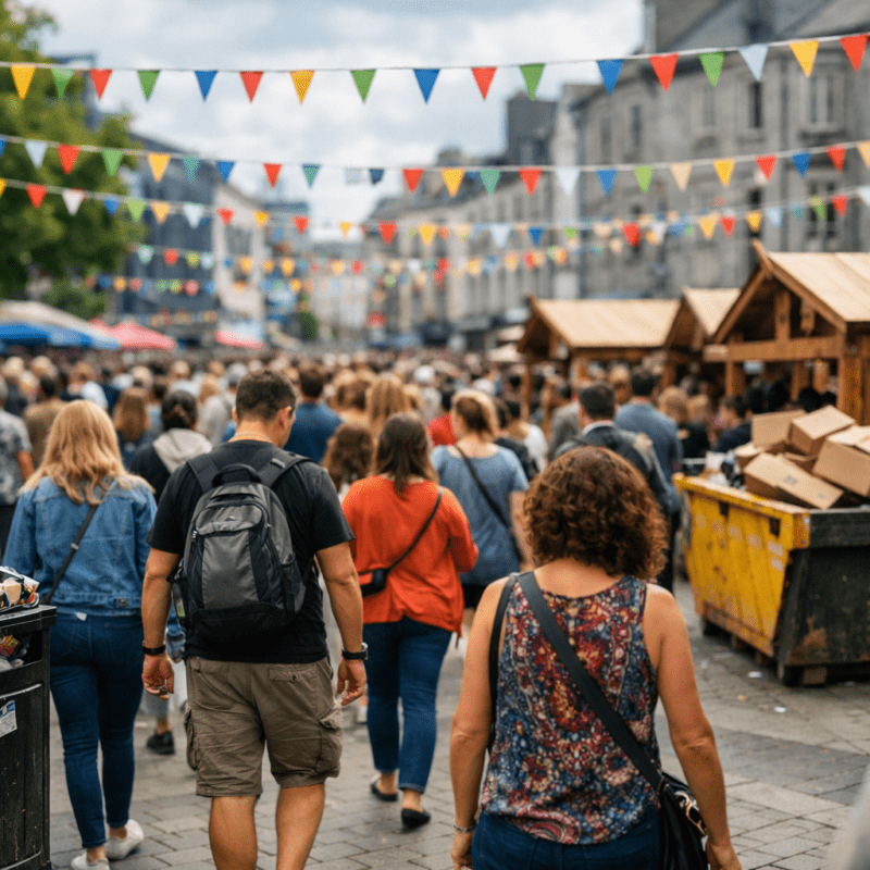 Image depicting food stalls during a Galway festival with skips placed in convenient places to manage waste.