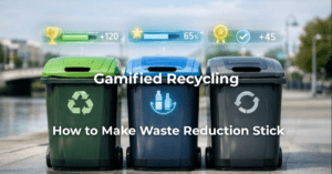 Generic household waste recycling bins with gaming icons above them symbolising gamified recycling with the title text 'Gamified Recycling: How to make waste reduction stick' as overlay text.