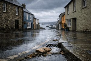 Image depicting stormwater runoff and waste collecting by a drain in a coastal town in kinsale