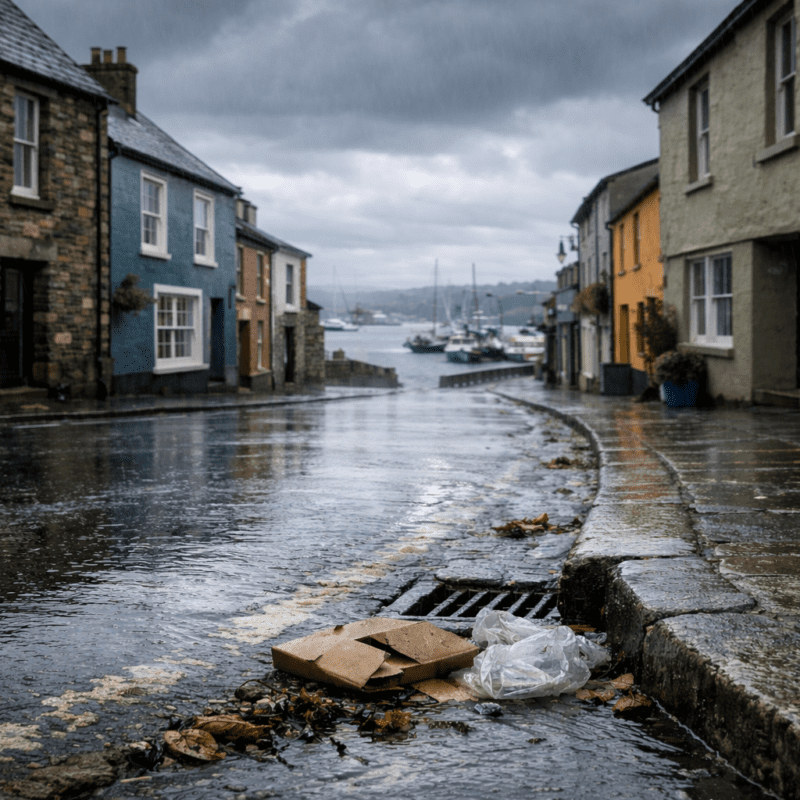 Image depicting stormwater runoff and waste collecting by a drain in a coastal town in kinsale