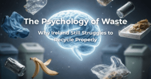 Image depicting a floating, glowing blue human brain surrounded by mixed waste representing the psychology of waste.