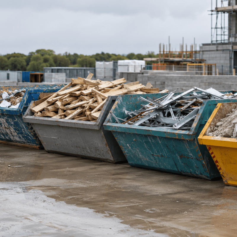 Segregated and organised construction and demolition waste in different skips on a construction site