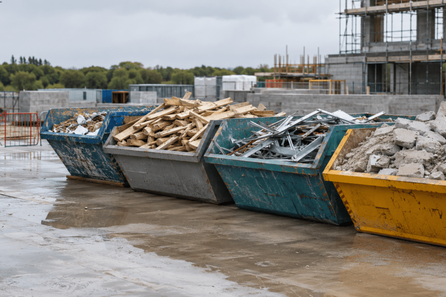 Segregated and organised construction and demolition waste in different skips on a construction site