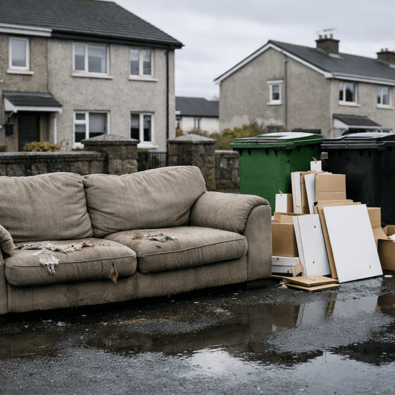 Discarded fast furniture - sofa and flatpack waste left on roadside for bulky waste collection