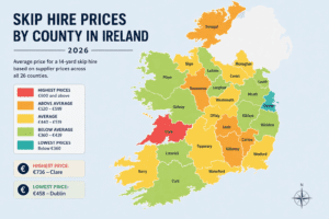 County-by-County map of Ireland showing 14 yard skip hire price ranges across all 26 counties in 2026.